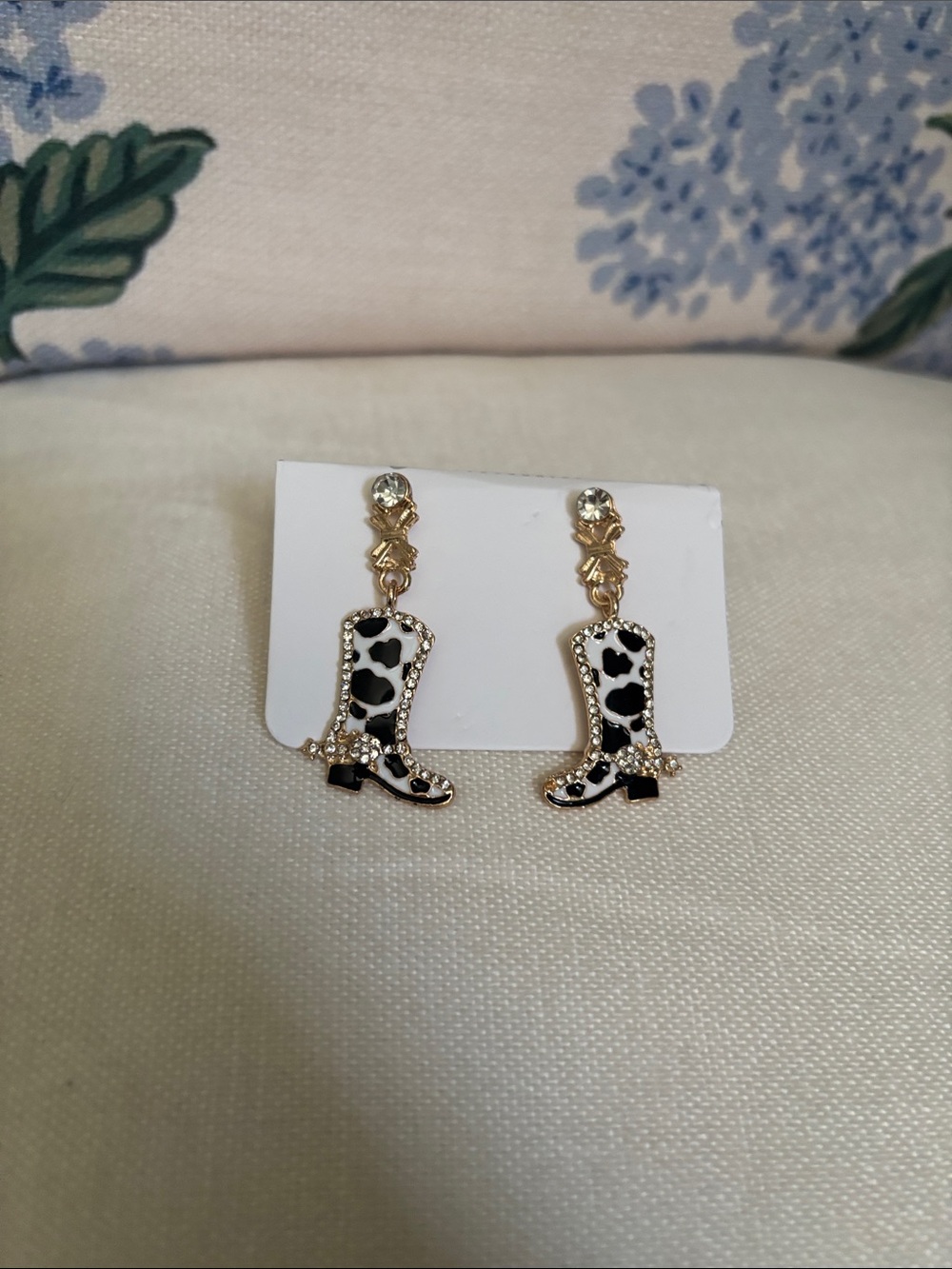 Gold Cowhide Cowgirl Boot Drop Earrings - Black and White